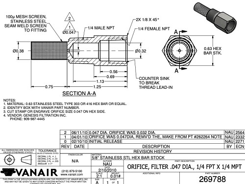 Vanair 269788  Hex Filter Orifice 